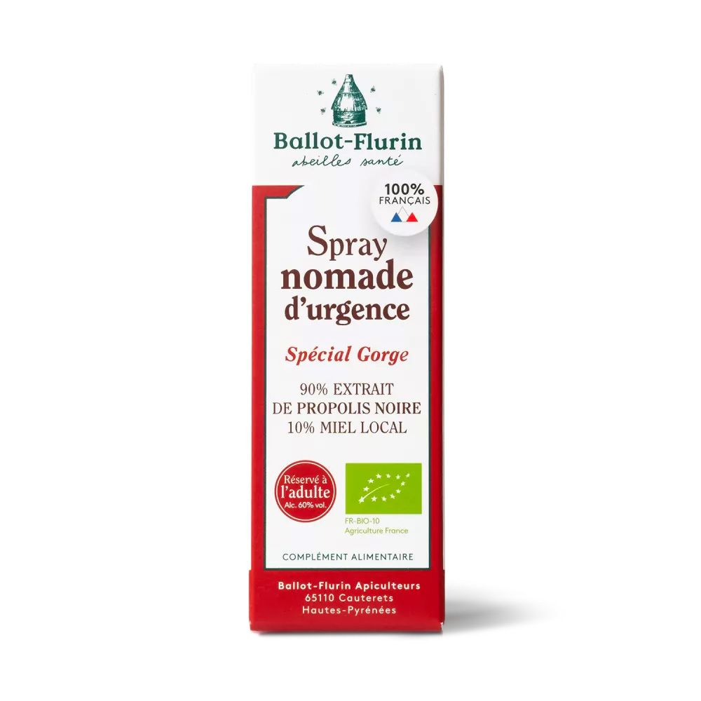 Wit en rode verpakking met productnaam en logo. Tekst: Spray nomade d'urgence, Spécial Gorge. Met bio-label.
