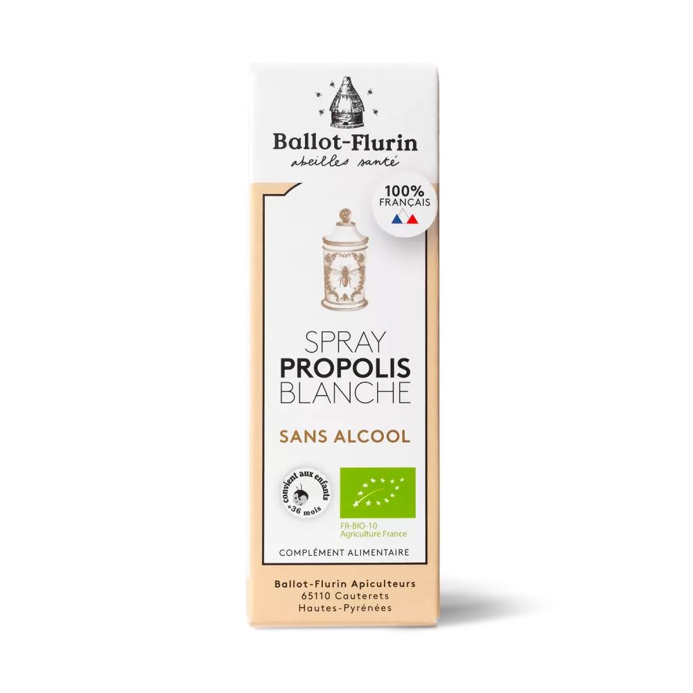 Emballage cartonné avec impression du produit. Texte : Spray Propolis Blanche Sans Alcool. Logo : Ballot-Flurin. Label bio.