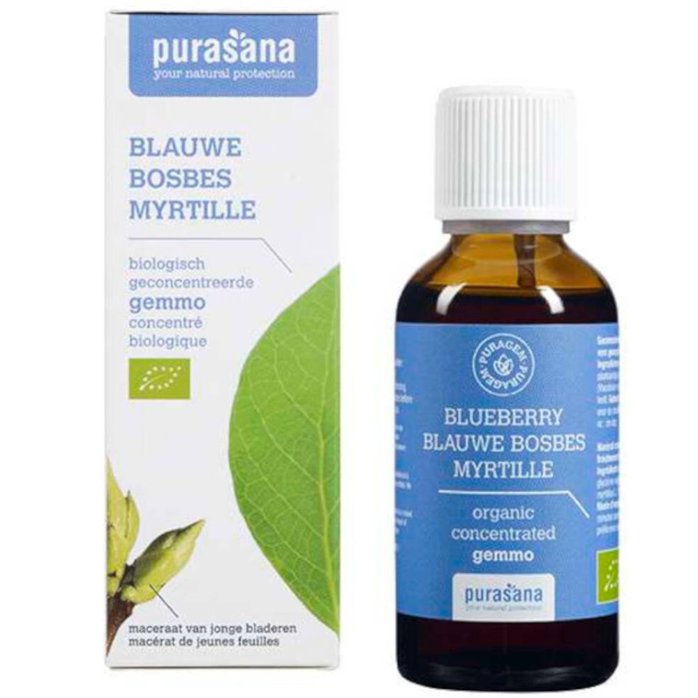 Bruine glazen fles met witte dop en blauw etiket. Op de verpakking: bosbes, myrtille, geconcentreerde gemmo.