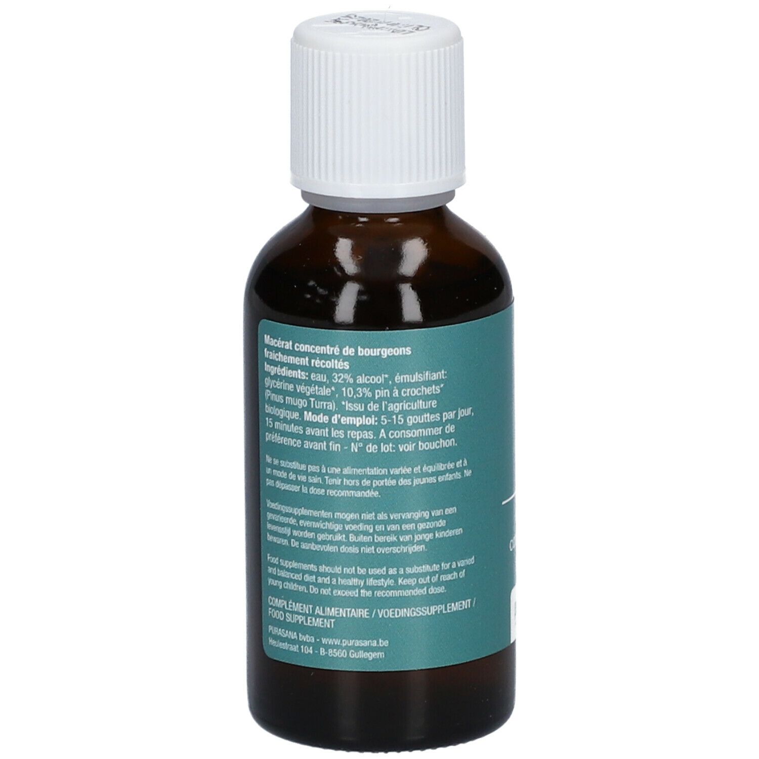 Bruine glazen fles met witte dop. Etiket met tekst en ingrediënten. EU-biologo. Purasana-logo. Fles staat.