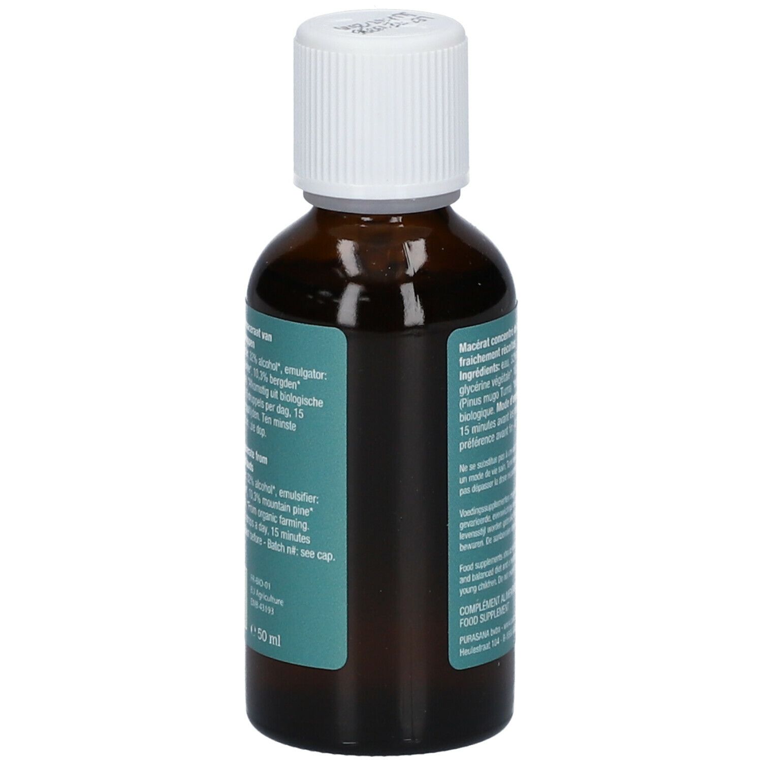Bruine glazen fles met witte dop. Etiket met tekst en ingrediënten. EU-biologo. Purasana-logo. 50 ml.