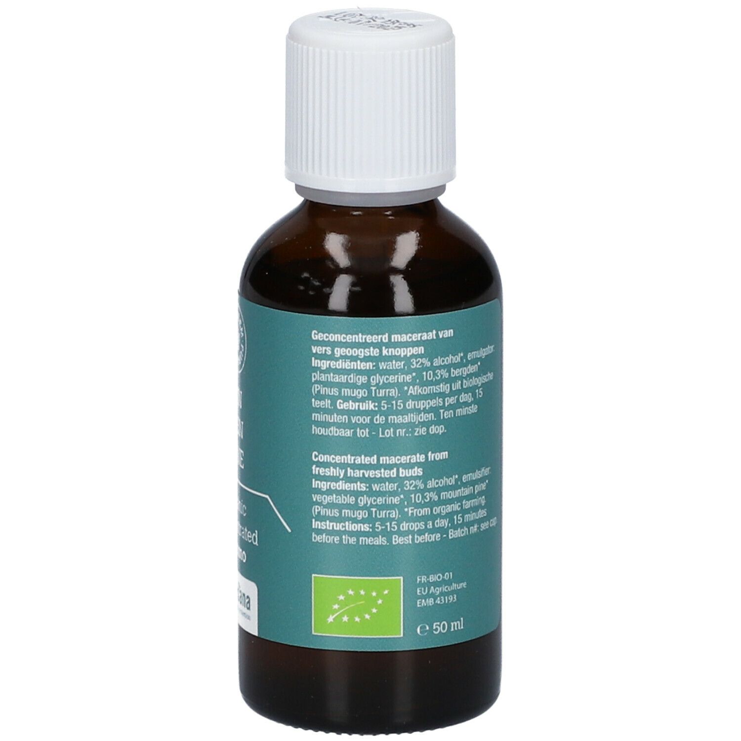 Bruine glazen fles met witte dop. Etiket met tekst en ingrediënten. EU-biologo. Purasana-logo. 50 ml.