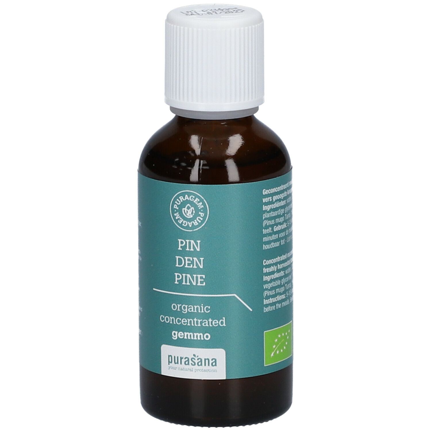 Bruine glazen fles met witte dop. Etiket met tekst: PIN DEN PINE, organic concentrated gemmo, Purasana. EU-biologo.
