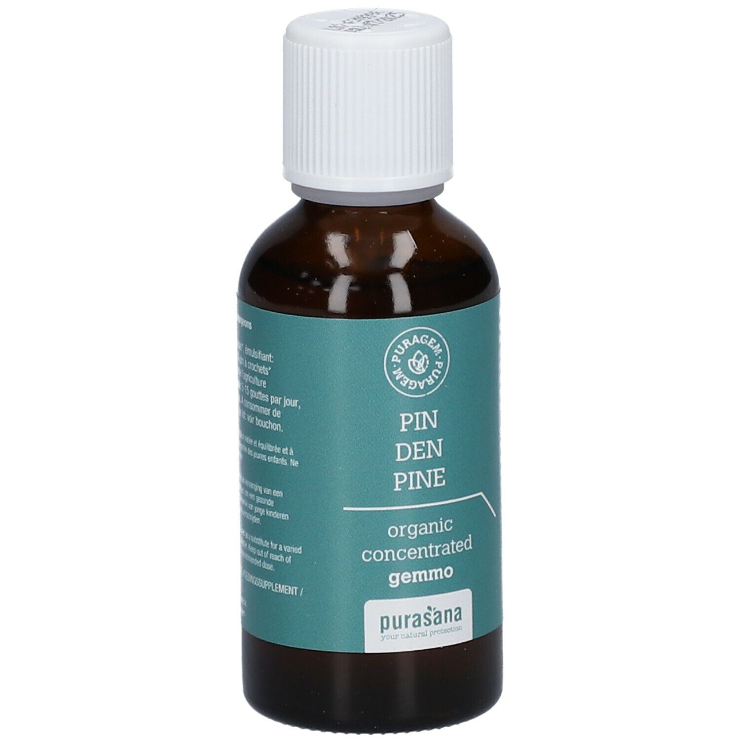 Bruine glazen fles met witte dop. Etiket met tekst en ingrediënten. EU-biologo. Purasana-logo. Fles staat.