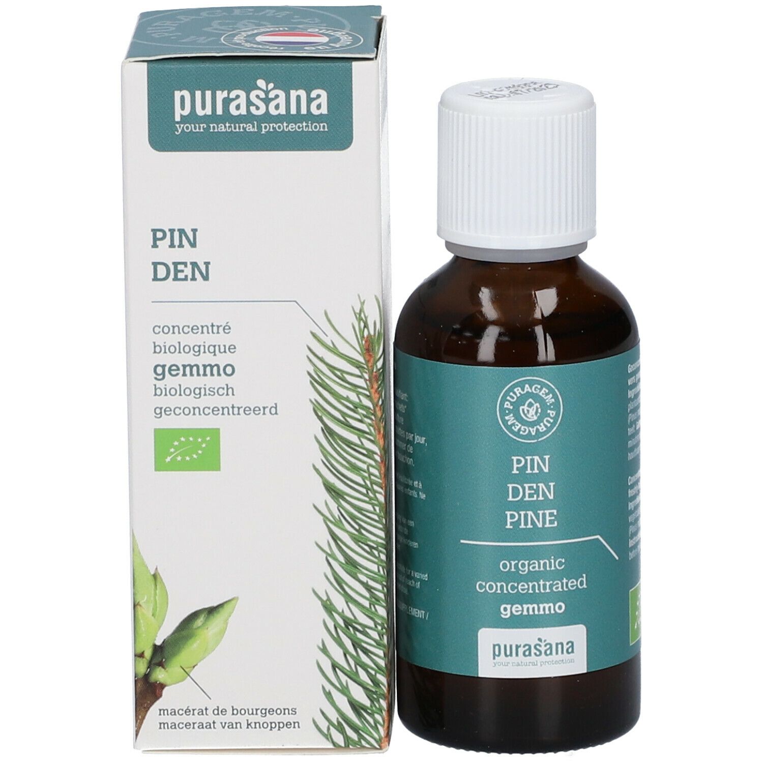 Productverpakking met fles. Doos met tekst: PIN DEN, concentré biologique gemmo, EU-biologo. Fles met etiket.