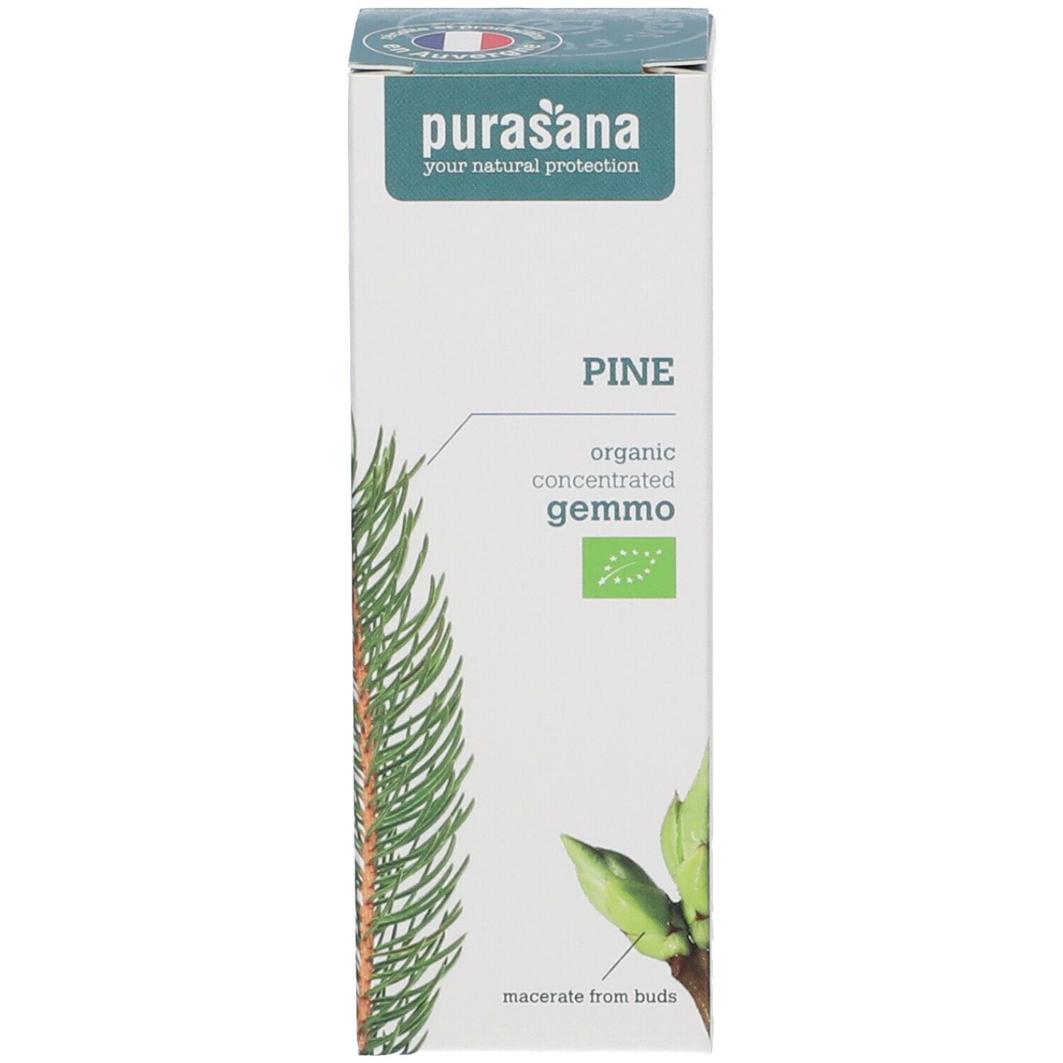 Productverpakking. Doos met tekst: PINE, organic concentrated gemmo, EU-biologo. Purasana-logo. Illustratie.