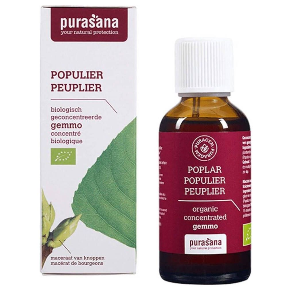 Bruine glazen fles met witte dop en rood etiket. Purasana Populier, biologisch geconcentreerde gemmo. Met verpakking.