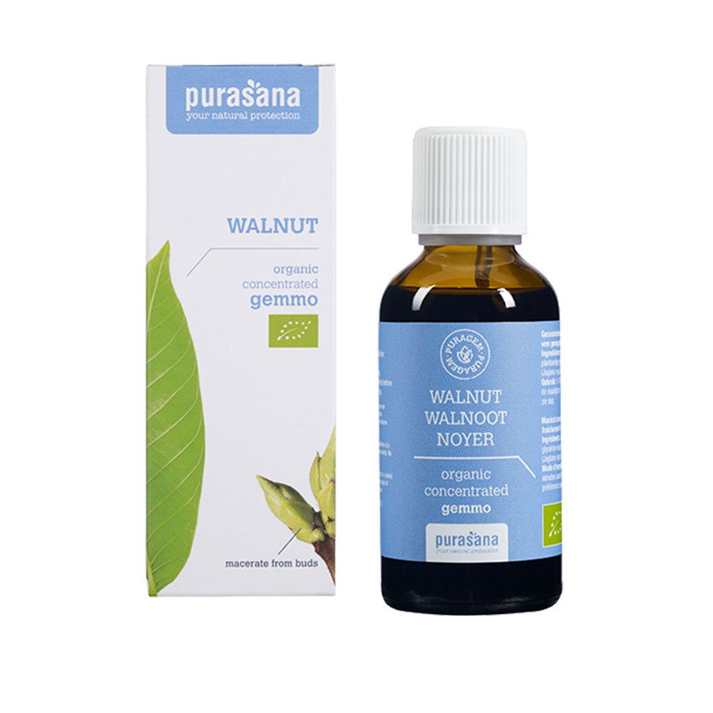 Flacon en verre brun avec bouchon blanc et étiquette bleue. Inscription : WALNUT, organic concentrated gemmo, purasana.