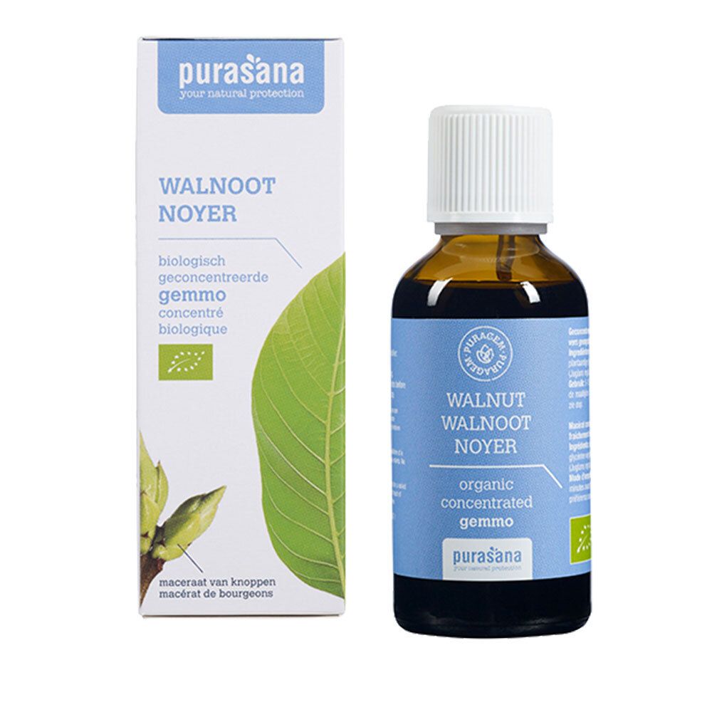 Flacon en verre brun avec bouchon blanc et étiquette bleue. Inscription : WALNOOT NOYER WALNUT, organic concentrated gemmo, purasana.