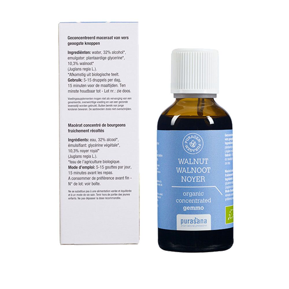 Flacon en verre brun avec bouchon blanc et étiquette bleue. Inscription : WALNOOT NOYER WALNUT, organic concentrated gemmo, purasana.