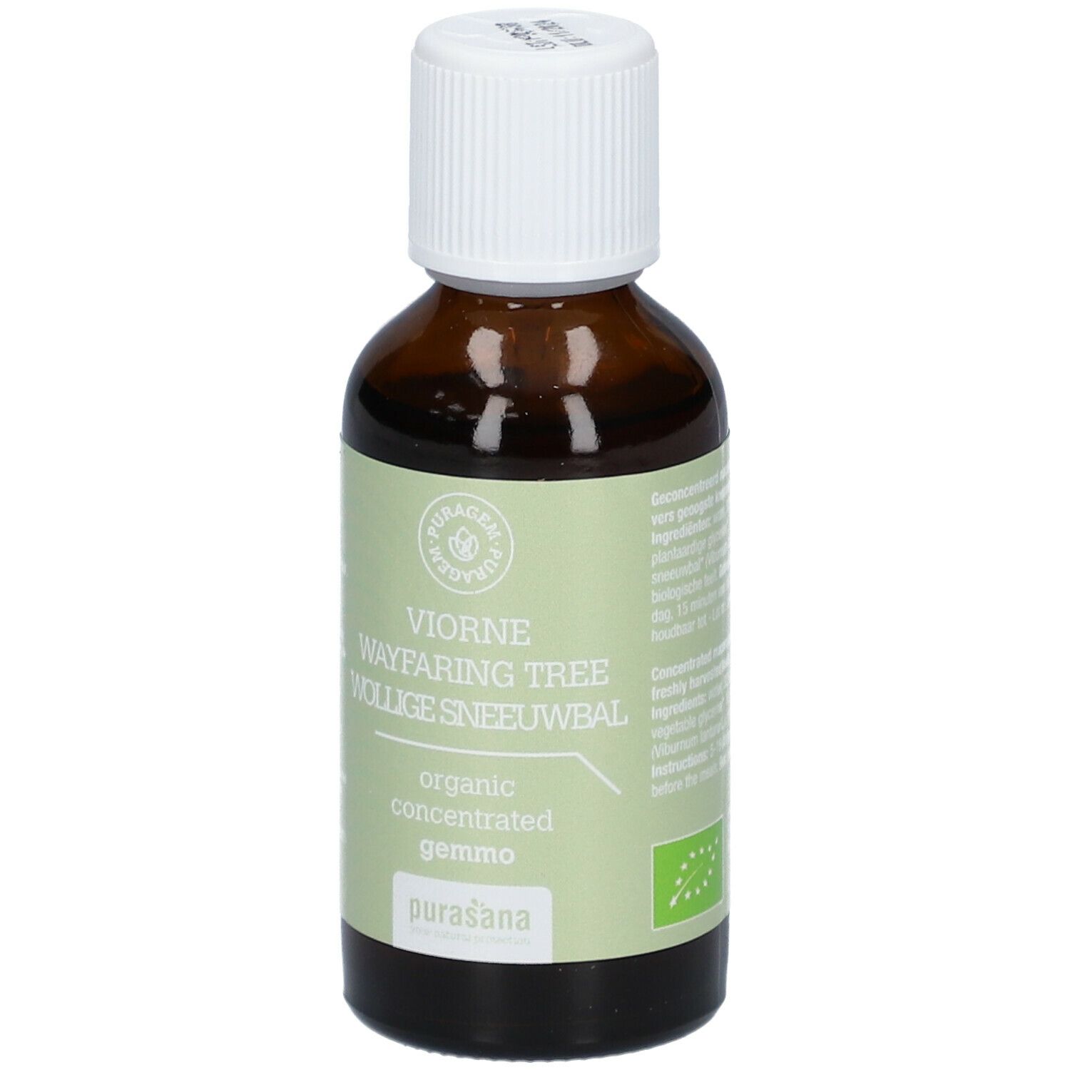 Bruine glazen fles met witte dop en groen etiket. Opschrift: Viorne, organic concentrated gemmo, Purasana.
