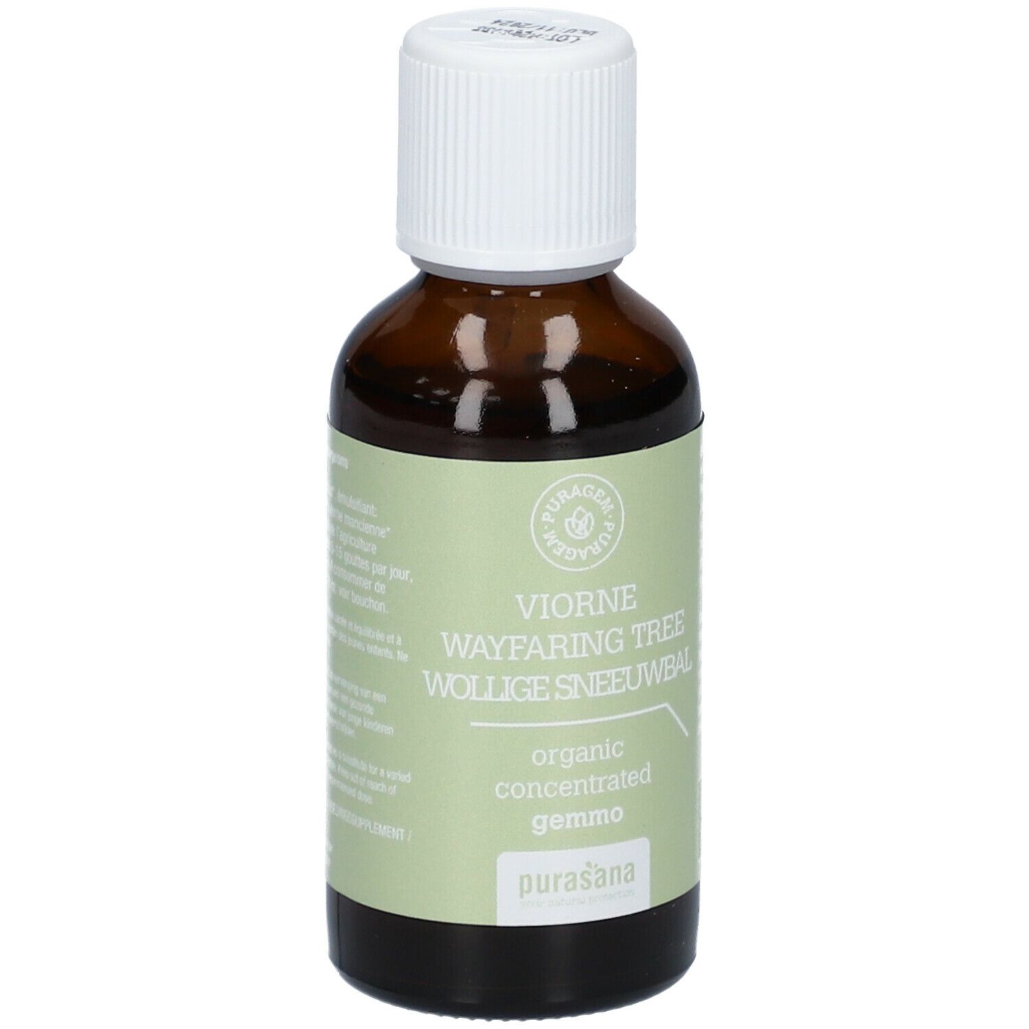 Bruine glazen fles met witte dop en groen etiket. Opschrift: Viorne, organic concentrated gemmo, Purasana.