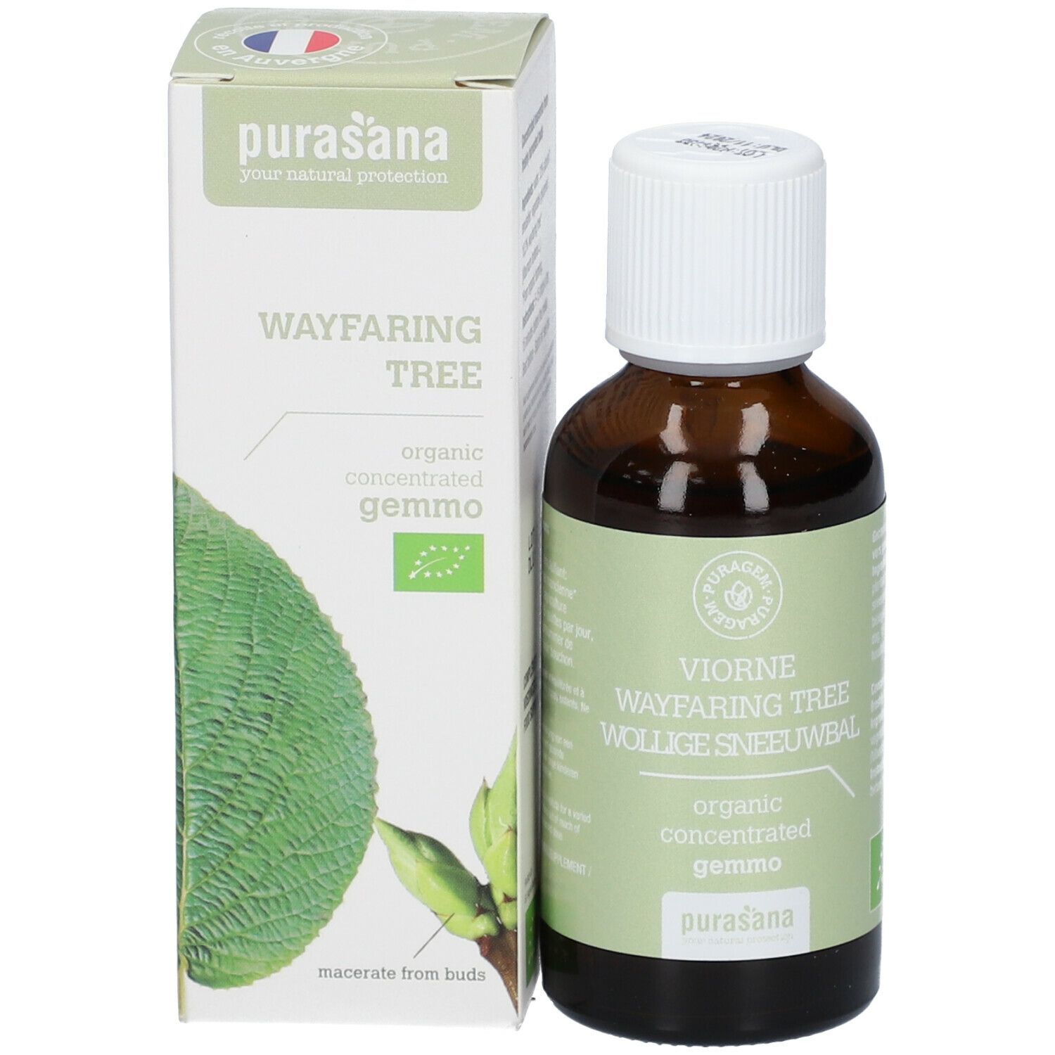 Bruine glazen fles en groene verpakking. Opschrift: Wayfaring Tree, Purasana.