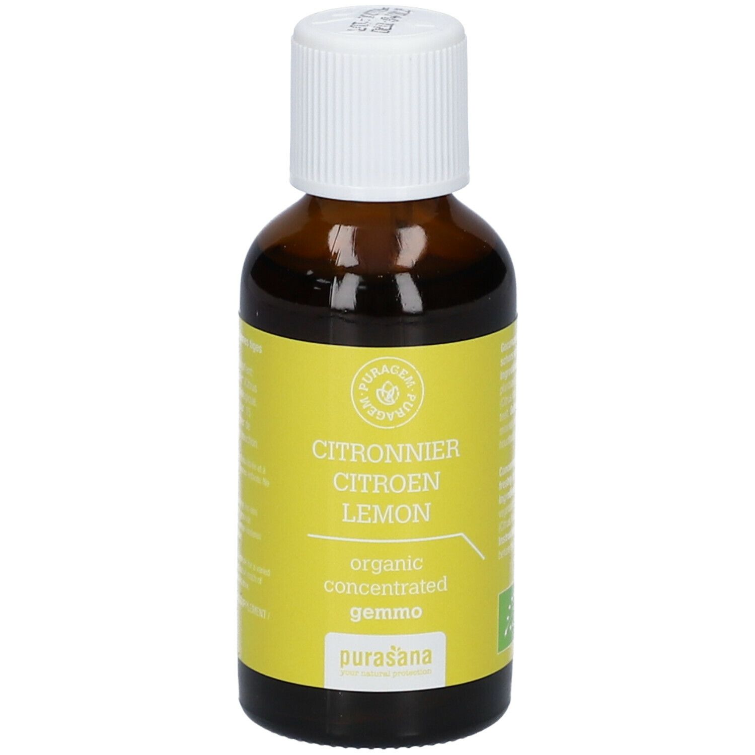 Bruine glazen fles met geel etiket. Opschrift: Citronnier Citroen Lemon, organic concentrated gemmo, purasana.
