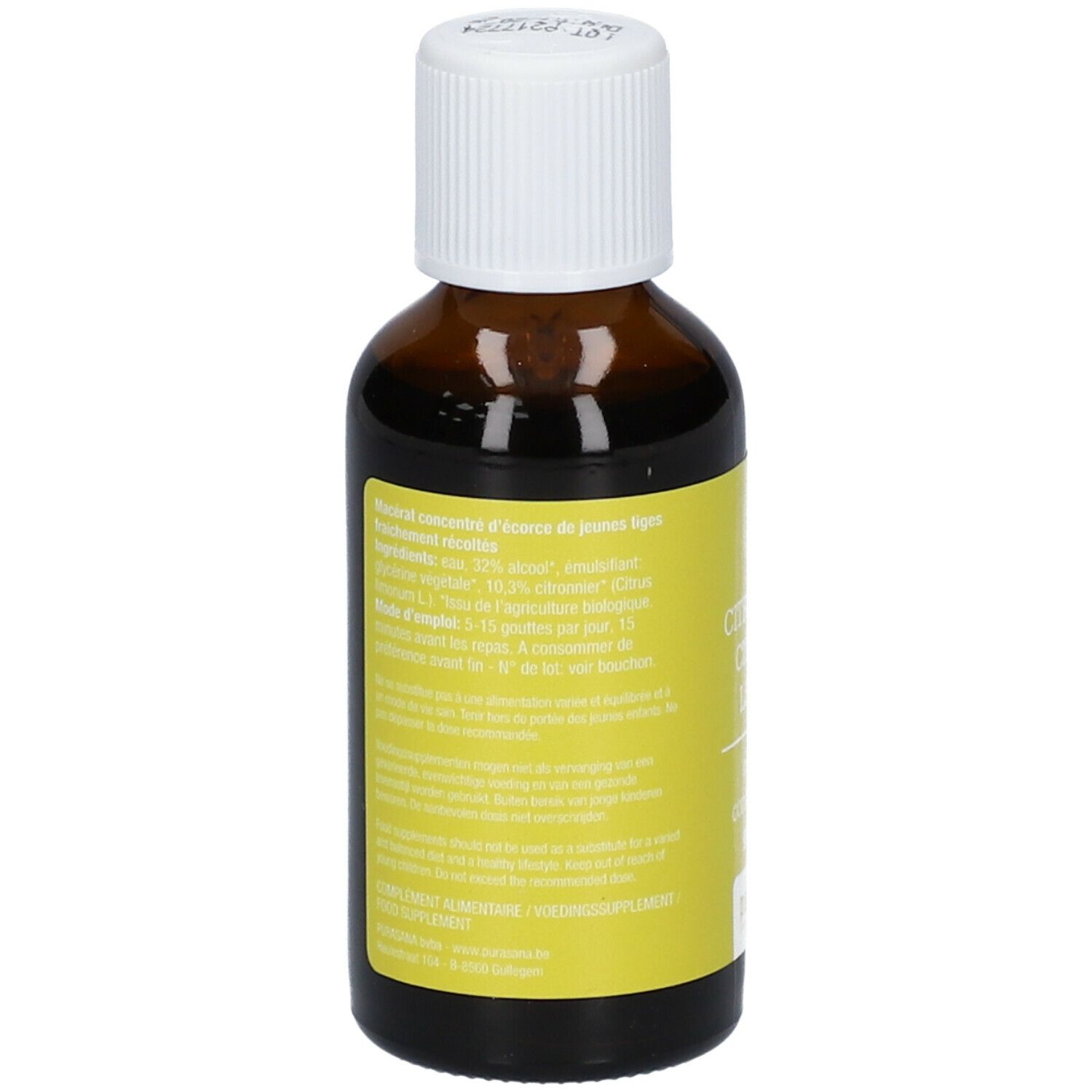 Bruine glazen fles met geel etiket. Meertalige tekst. Bevat informatie over ingrediënten en gebruik.