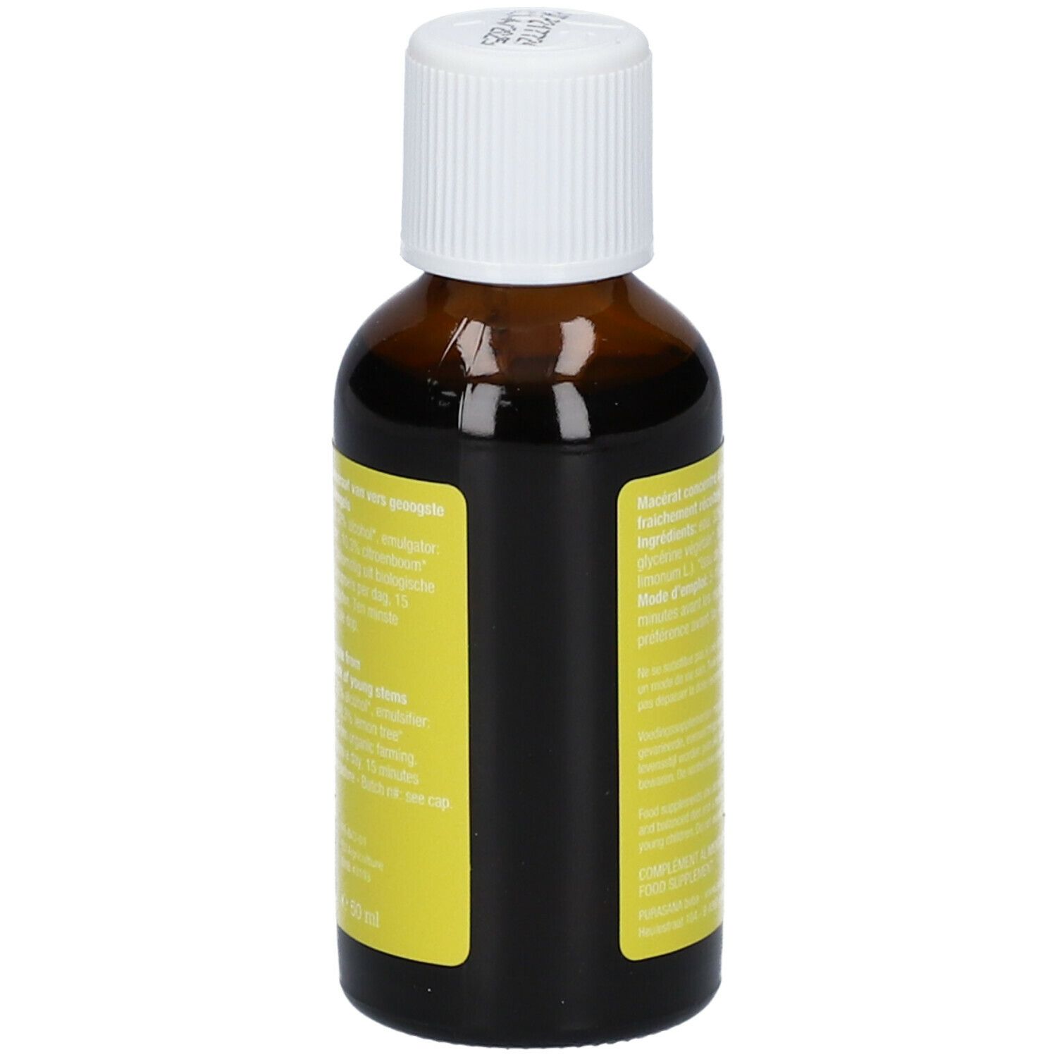 Bruine glazen fles met geel etiket. Meertalige tekst. Bevat informatie over ingrediënten en gebruik.