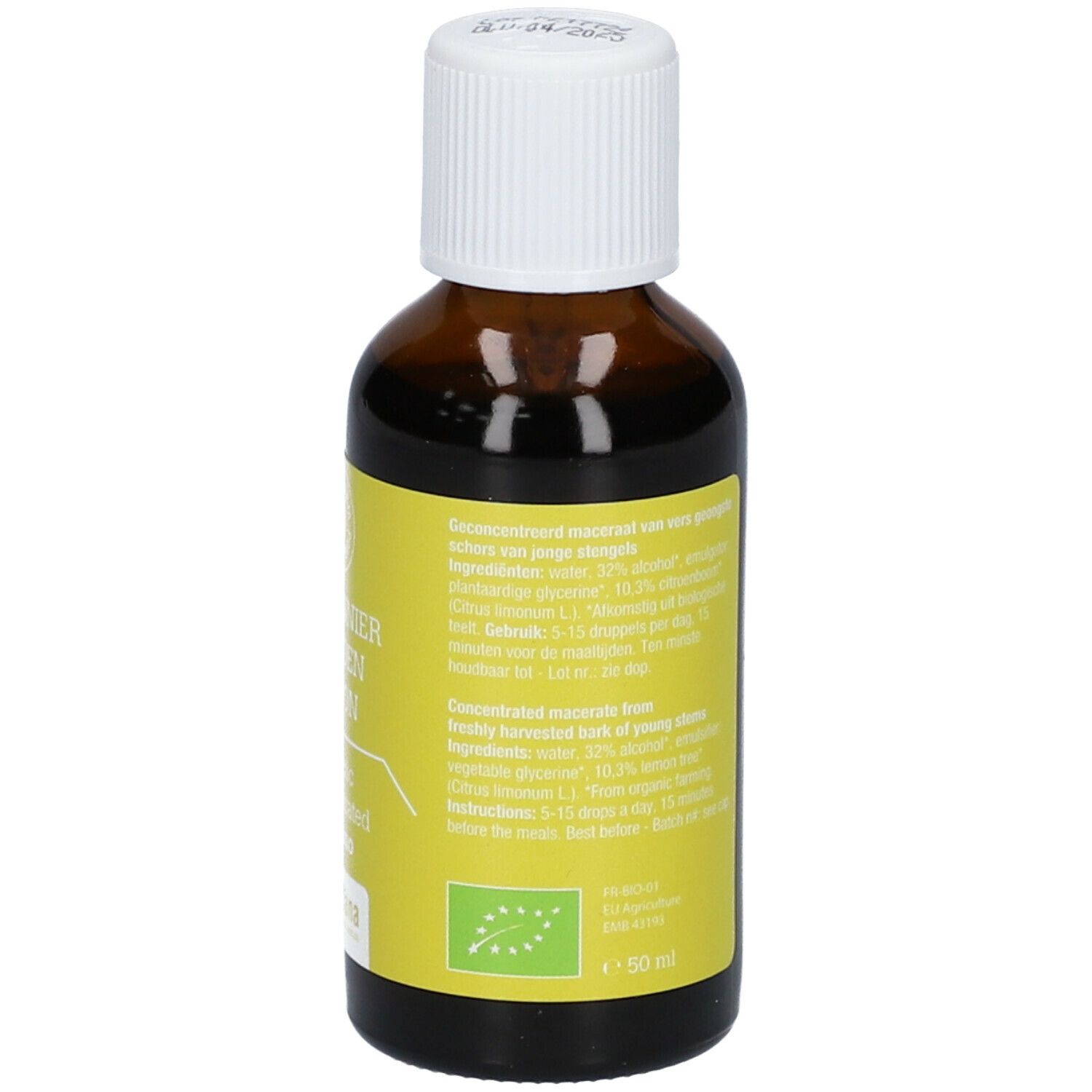 Bruine glazen fles met geel etiket. Meertalige tekst. Bevat informatie over ingrediënten en gebruik.