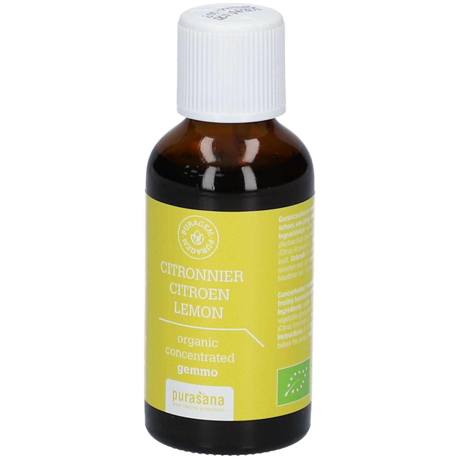 Bruine glazen fles met geel etiket. Opschrift: Citronnier Citroen Lemon, organic concentrated gemmo, purasana.