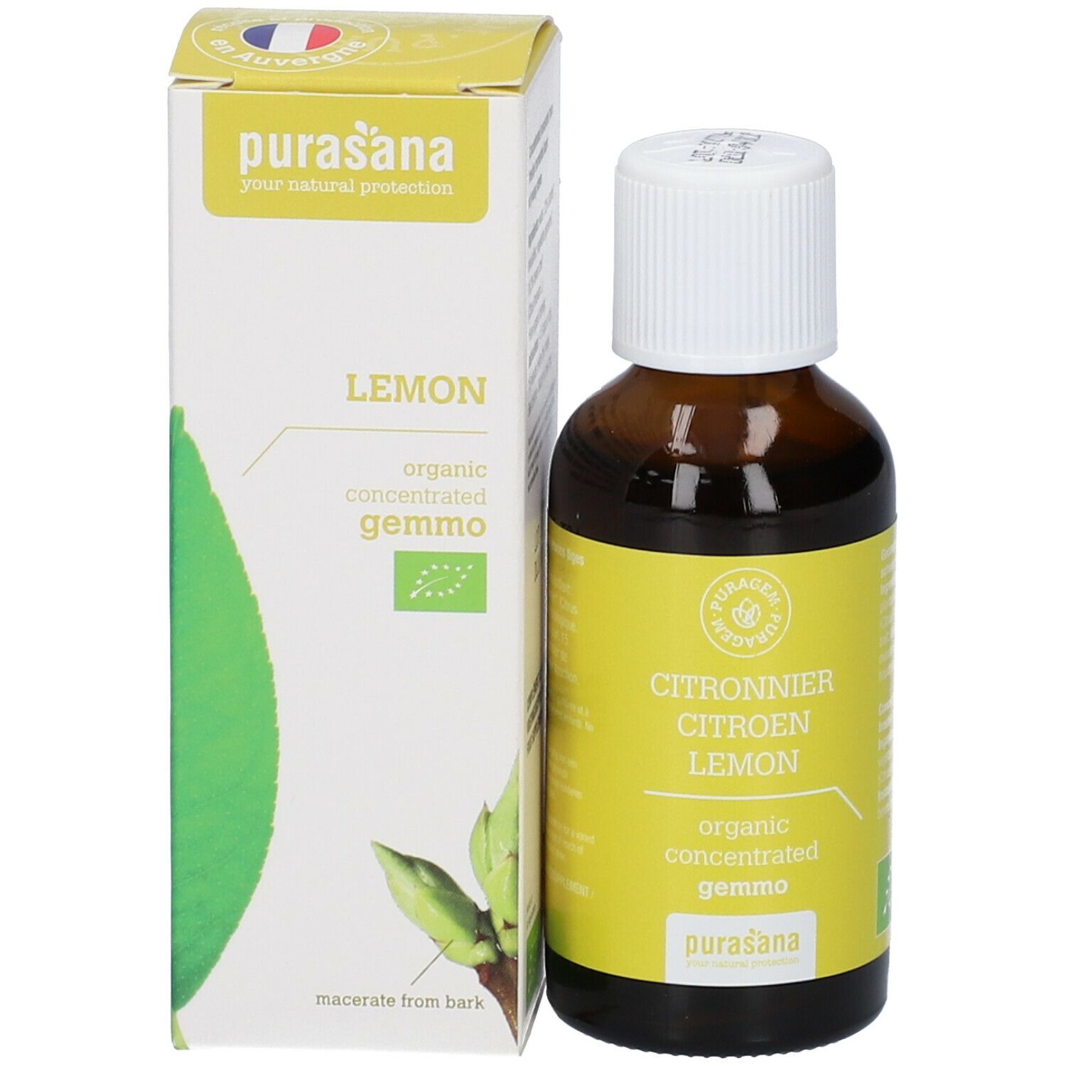 Bruine glazen fles en kartonnen verpakking. Opschrift: Lemon, organic concentrated gemmo, purasana. Met EU-bio-logo.