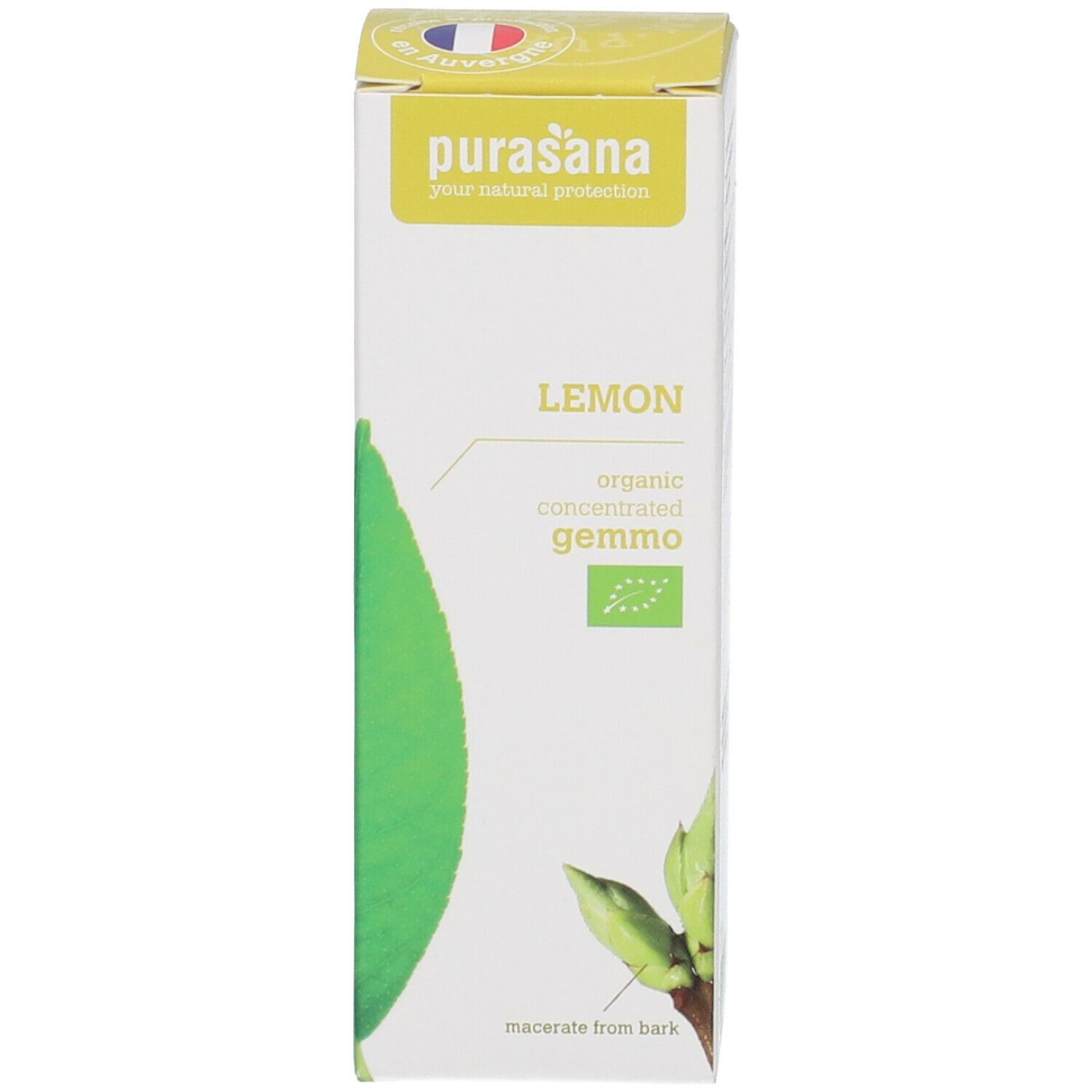 Kartonnen verpakking met opschrift: Lemon, organic concentrated gemmo, purasana. Met EU-bio-logo en afbeelding van bladeren.