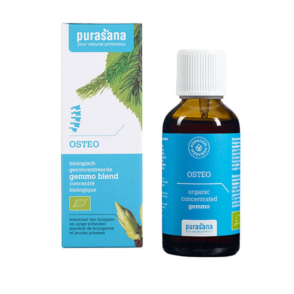 Bruine glazen fles met witte dop en blauw etiket. Daarnaast een doos met productinformatie. Beide met het logo van purasana®.