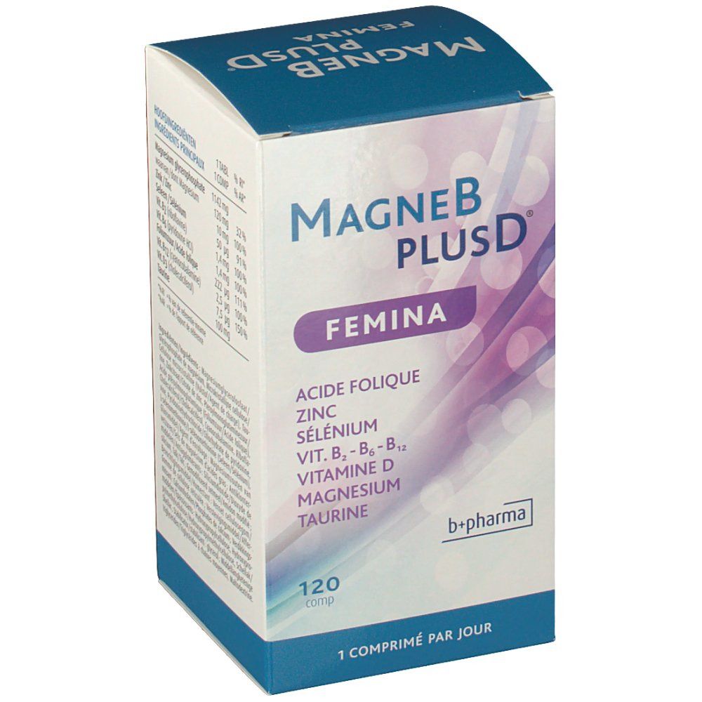 Boîte de MagneB PlusD Femina. Contient 120 comprimés. Ingrédients: Acide folique, Zinc, Sélénium, Vit. B6, B12, Vitamine D, Magnésium, Taurine.