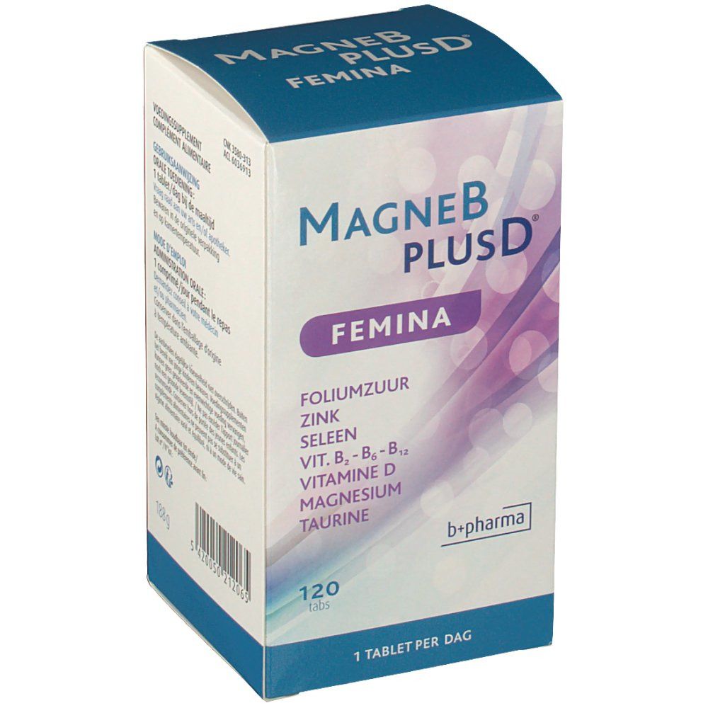 Boîte de MagneB PlusD Femina. Contient 120 comprimés. Ingrédients: Foliumzuur, Zinc, Sélénium, Vit. B6, B12, Vitamine D, Magnésium, Taurine.