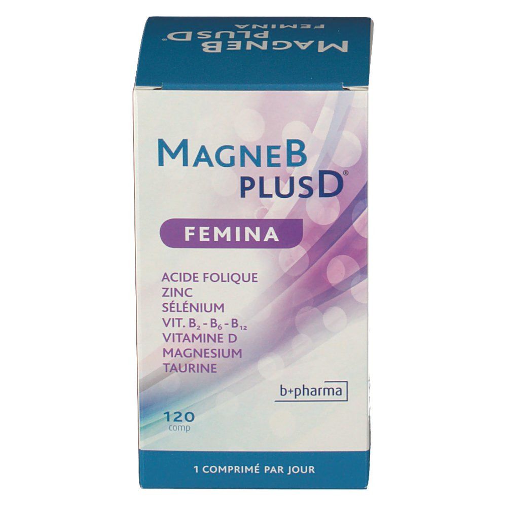 Face avant de la boîte MagneB PlusD Femina. Contient 120 comprimés. Ingrédients: Acide folique, Zinc, Sélénium, Vit. B6, B12, Vitamine D, Magnésium, Taurine.