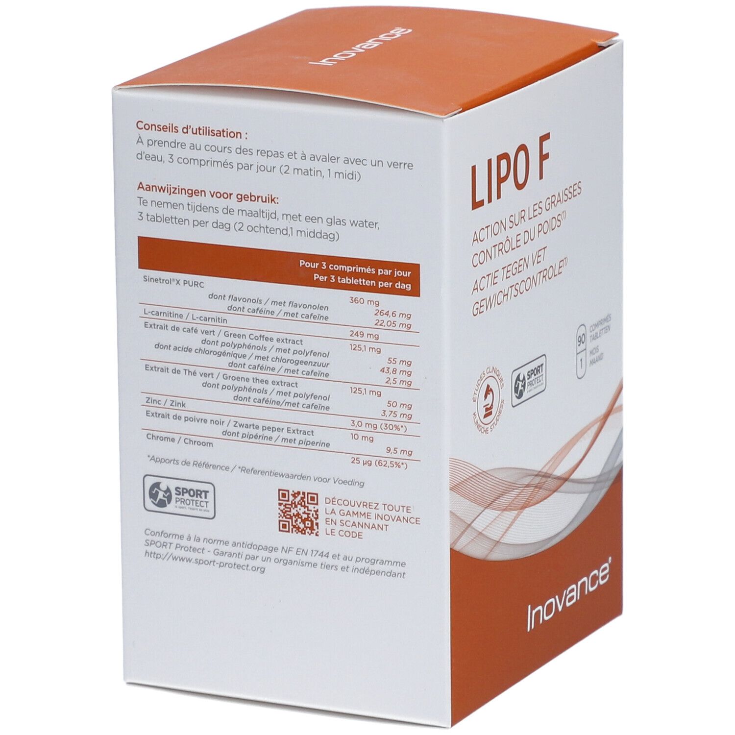 Achterkant van de verpakking Inovance Lipo F. Bevat een ingrediëntenlijst en gebruiksinformatie. Met QR-code.