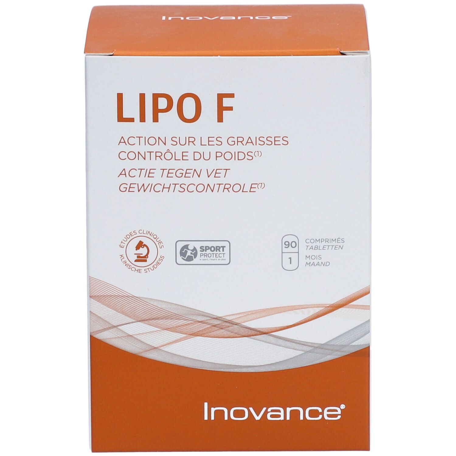 Doos Inovance Lipo F. Opschrift: Action sur les graisses, Controle du poids, Actie tegen vet, Gewichtcontrole. 90 tabletten.