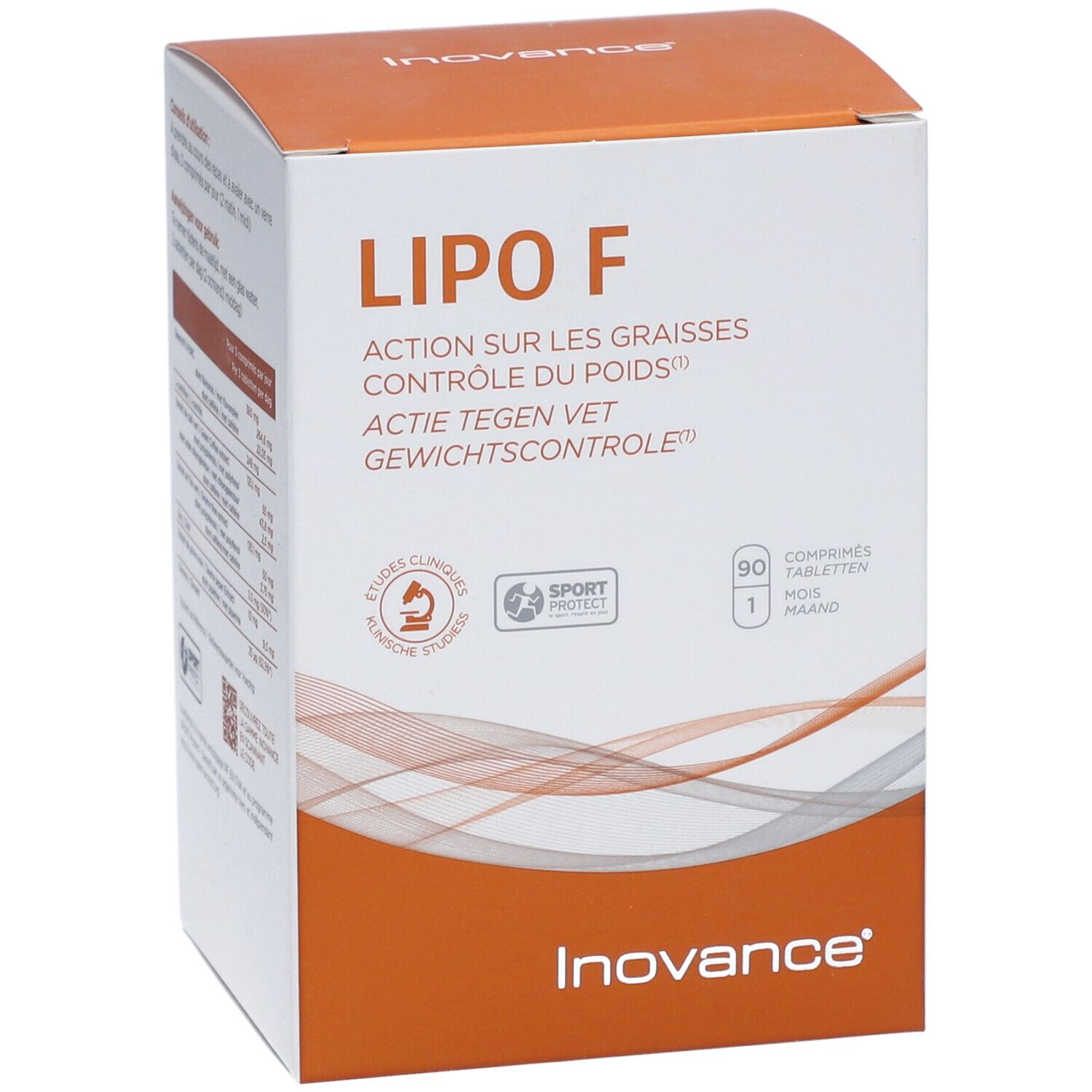 Doos Inovance Lipo F. Opschrift: Action sur les graisses, Controle du poids, Actie tegen vet, Gewichtcontrole. 90 tabletten.