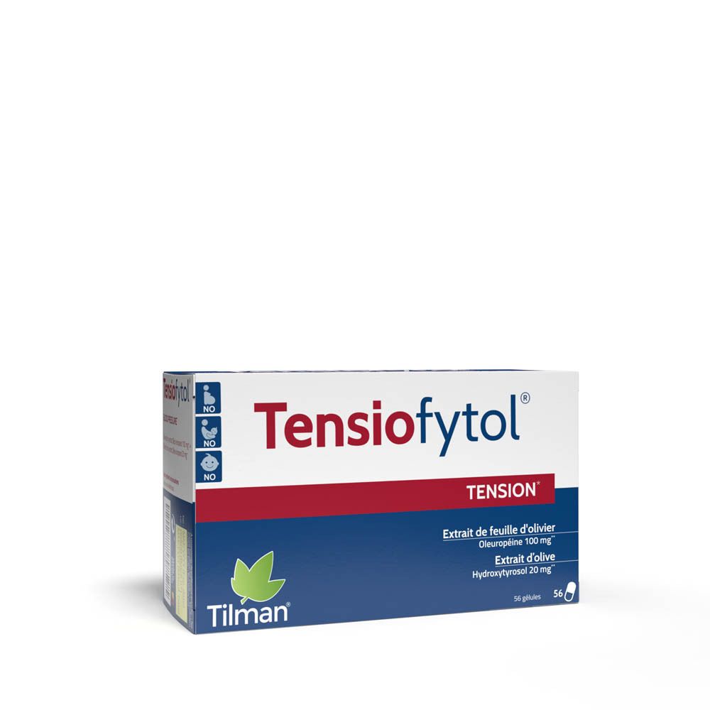 Boîte "Tensiofytol TENSION". Contient 56 gélules. Inscription : Extrait de feuille d'olivier, Oleuropéine 100 mg, Hydroxytyrosol 20 mg.