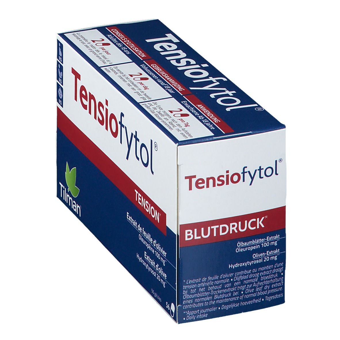 Boîte "Tensiofytol" avec "BLUTDRUCK". Contient 56 gélules. Ingrédients : Extrait de feuille d'olivier, Oleuropéine, Hydroxytyrosol.
