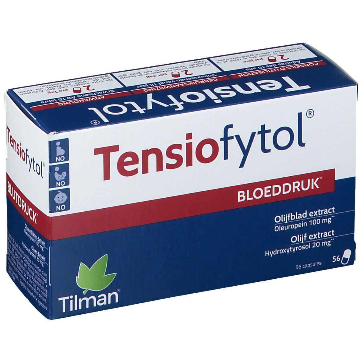 Boîte "Tensiofytol" avec "BLOEDDRUK". Contient 56 gélules. Ingrédients : Extrait de feuille d'olivier, Oleuropéine, Hydroxytyrosol.