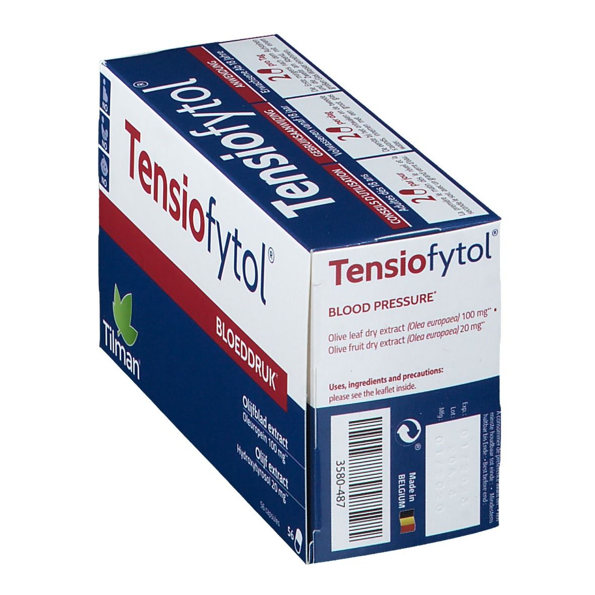 Boîte "Tensiofytol" avec "BLOEDDRUK". Contient 56 gélules. Ingrédients : Extrait de feuille d'olivier, Oleuropéine, Hydroxytyrosol.