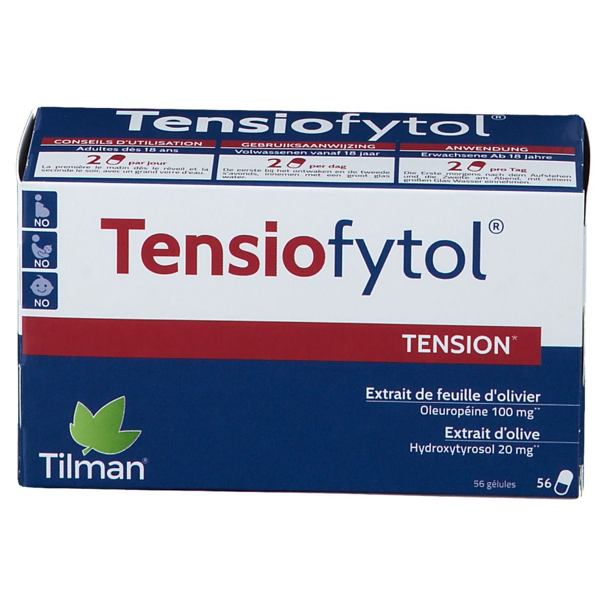 Boîte "Tensiofytol TENSION". Contient 56 gélules. Inscription : Extrait de feuille d'olivier, Oleuropéine 100 mg, Hydroxytyrosol 20 mg.