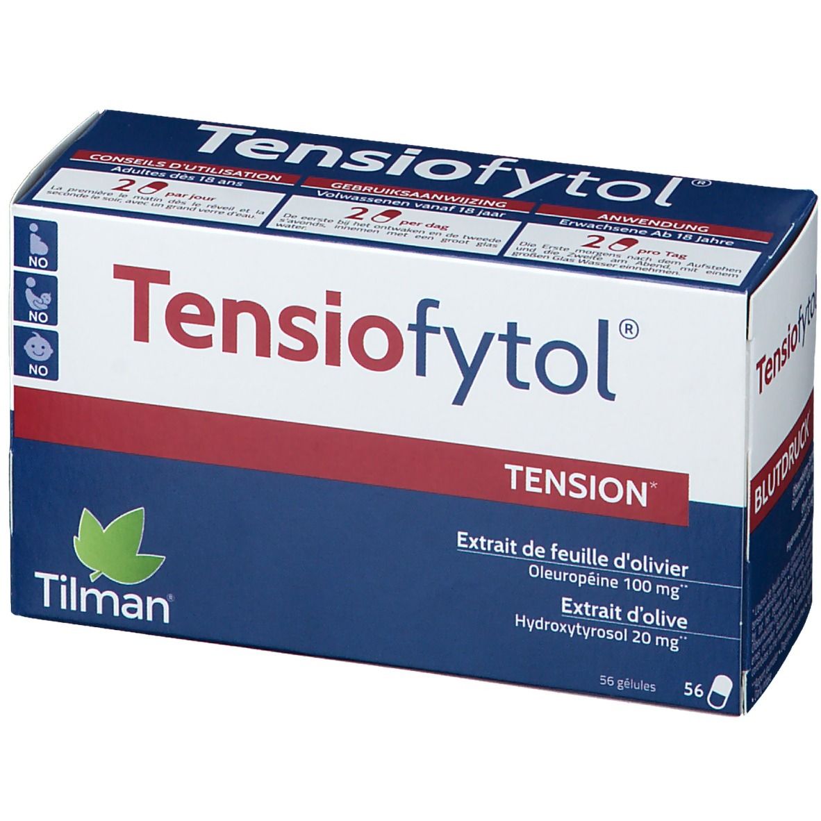 Boîte "Tensiofytol" avec "TENSION" et "BLUTDRUCK". Contient 56 gélules. Ingrédients : Extrait de feuille d'olivier, Oleuropéine, Hydroxytyrosol.