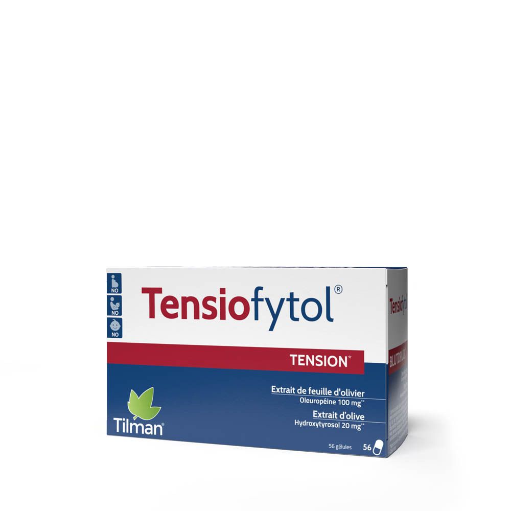Boîte "Tensiofytol TENSION". Contient 56 gélules. Inscription : Extrait de feuille d'olivier, Oleuropéine 100 mg, Hydroxytyrosol 20 mg.