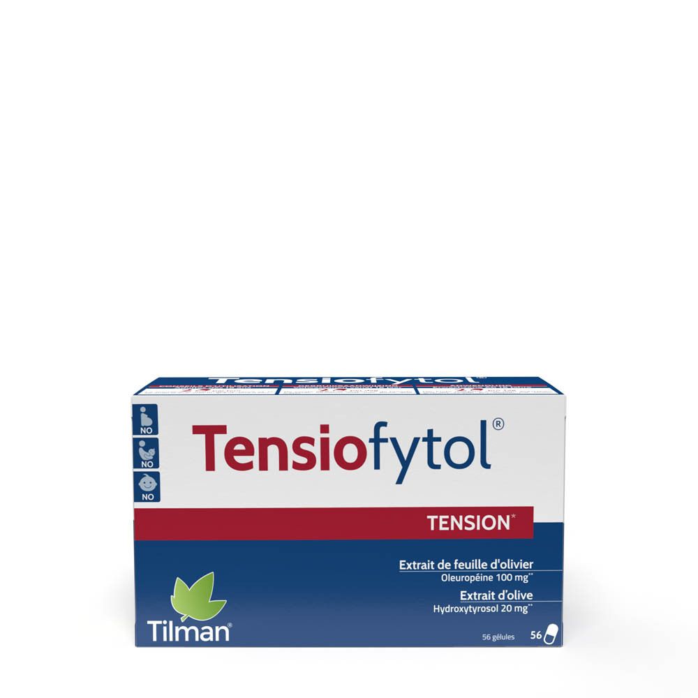 Boîte "Tensiofytol TENSION". Contient 56 gélules. Inscription : Extrait de feuille d'olivier, Oleuropéine 100 mg, Hydroxytyrosol 20 mg.