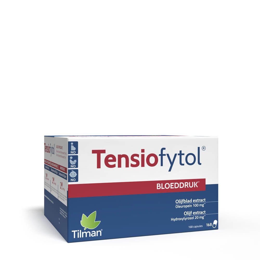 Verpakking van Tensiofytol. Bevat 168 capsules. Merk Tilman.