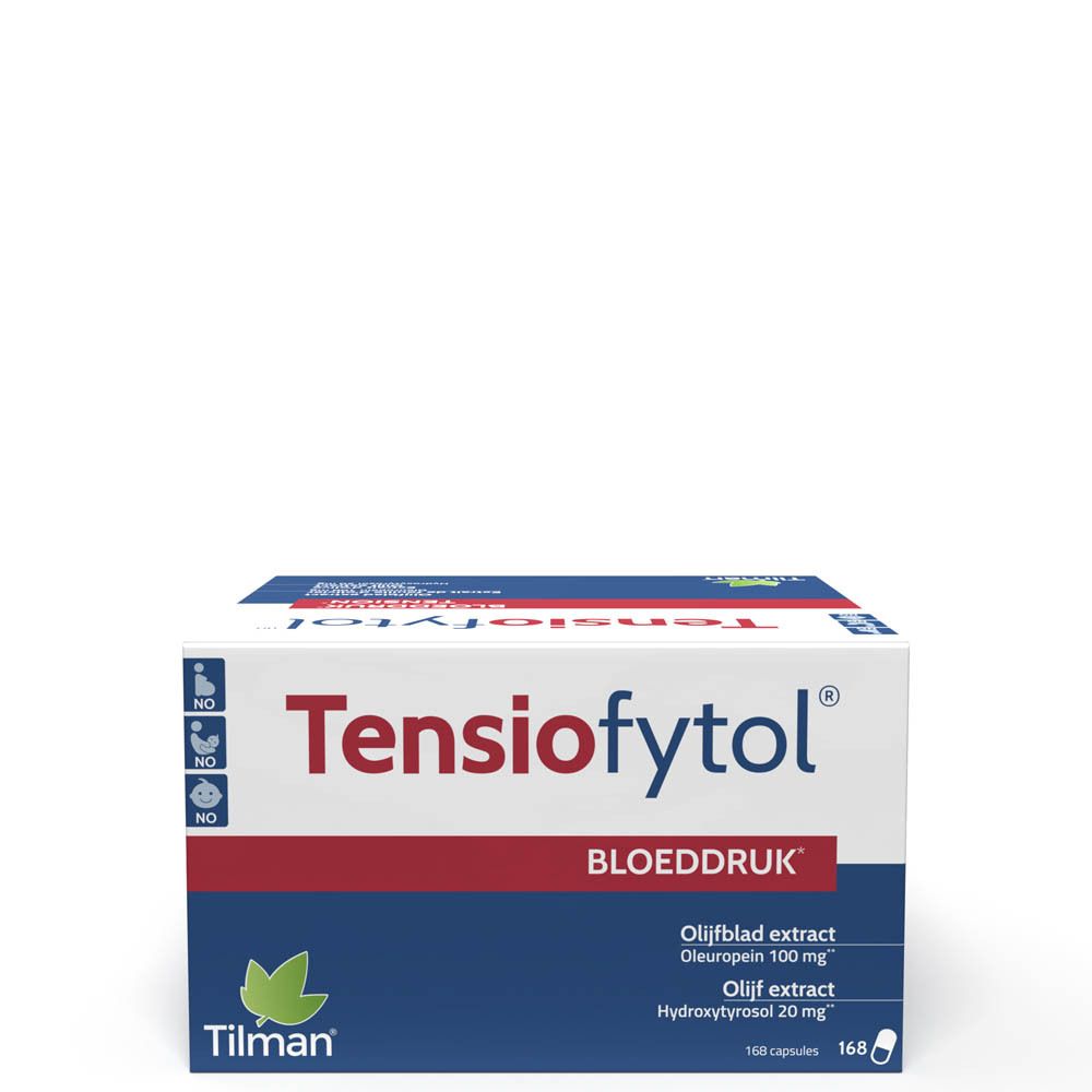 Verpakking van Tensiofytol. Bevat 168 capsules. Merk Tilman.