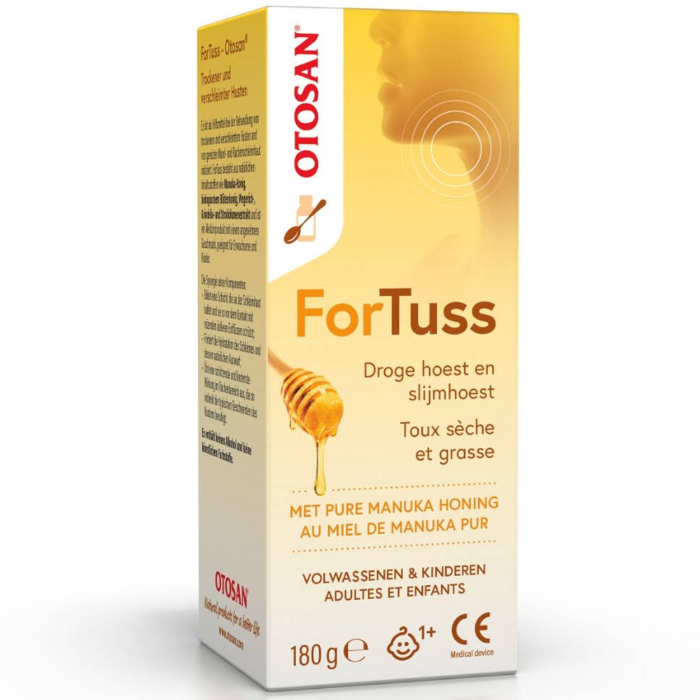 Doos met hoestsiroop. Opschrift: ForTuss, Otosan. Met Manuka honing. 180g. CE-markering.