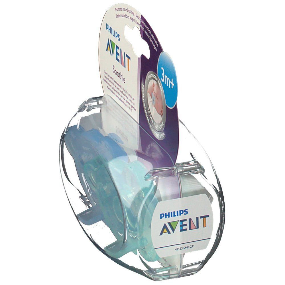 Verpackung mit zwei Schnullern. Auf der Verpackung steht Philips Avent und 3m+.