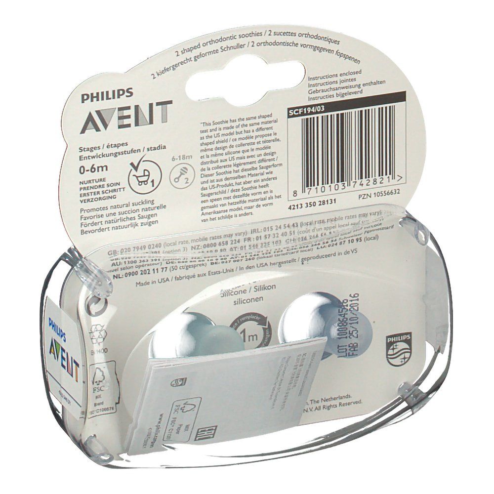 Rückseite der Verpackung mit zwei Schnullern. Text: Philips Avent, 0-6 Monate, Silikon.