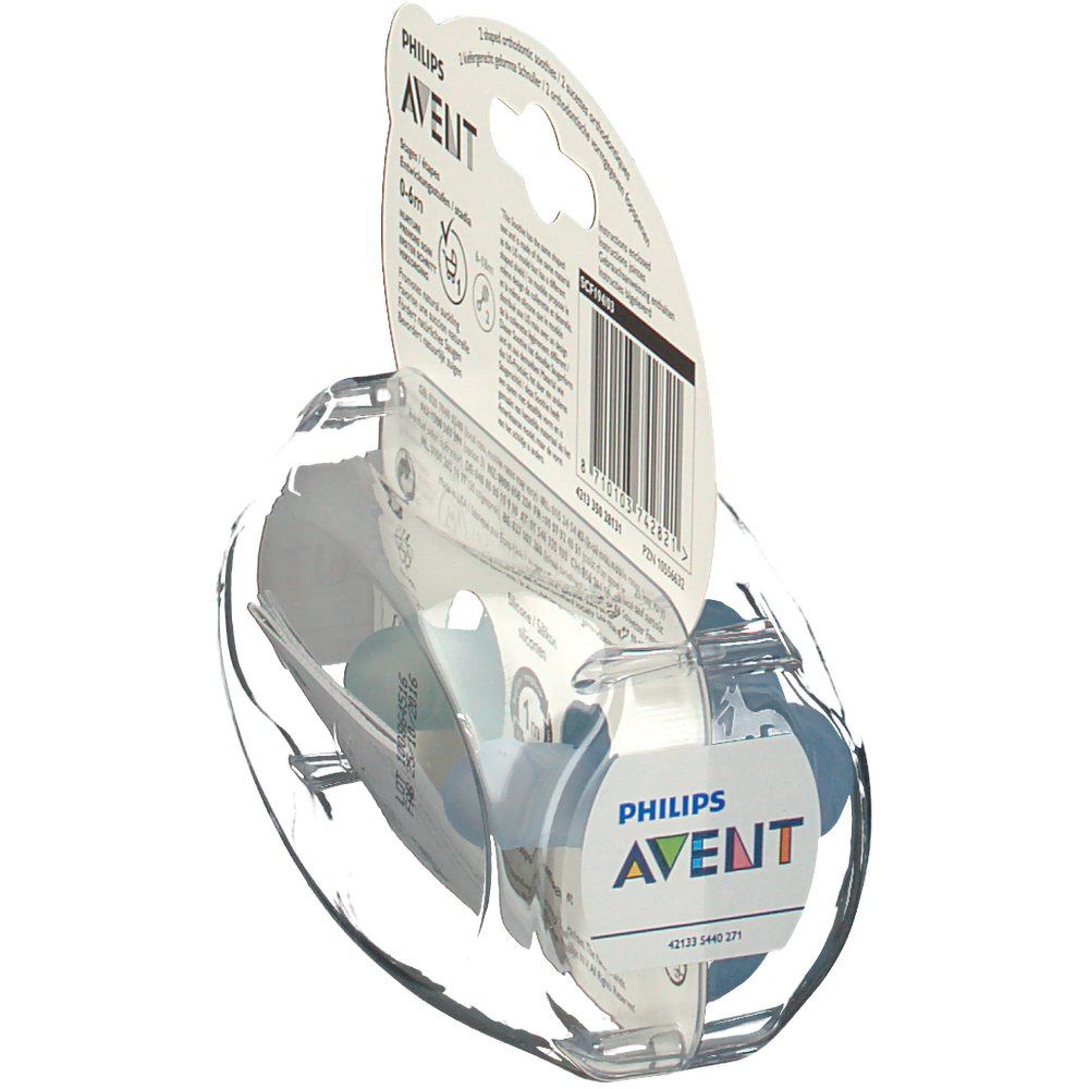 Verpackung mit zwei Schnullern. Philips Avent ist sichtbar. Altersempfehlung: 3m+.