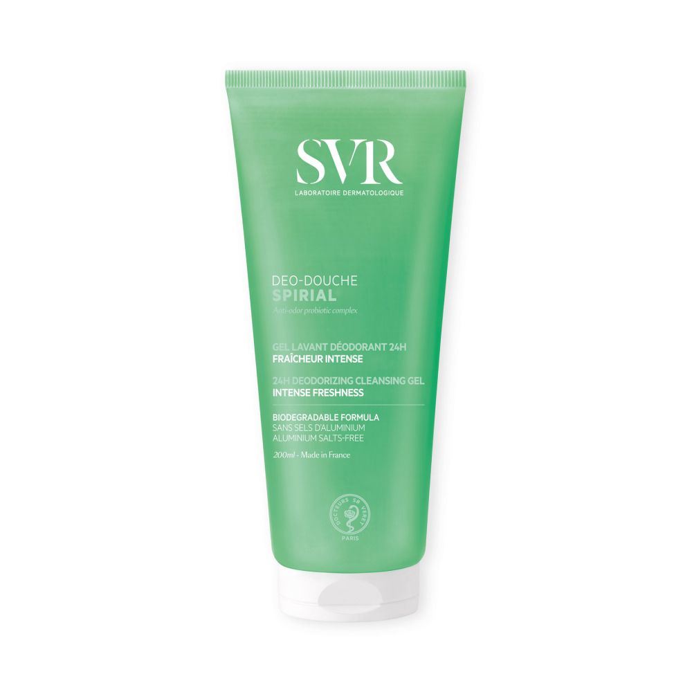 Tube vert SVR Déo-Douche SPIRIAL. Inscriptions en français et anglais. Contenance 200ml. Sans sels d'aluminium.