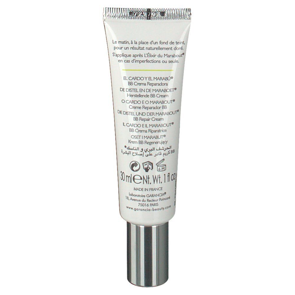 Rückseite des Creme-Tubes. Text in mehreren Sprachen. Enthält Informationen zu Inhaltsstoffen und Hersteller. 30 ml.