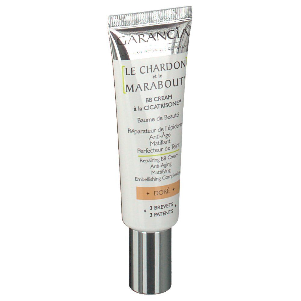 Creme-Tube mit Produktnamen und -details. Silberne Kappe, weißer Hintergrund. Text: Garancia, Le Chardon et Le Marabout, BB Creme.