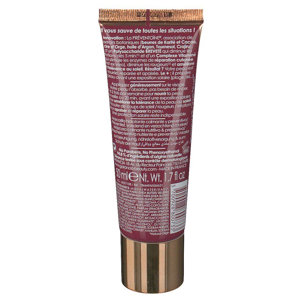 Rückseite des Produkttubes. Text mit Produktinformationen und Inhaltsstoffen. Marke Garancia. 50 ml, 1.7 fl oz.