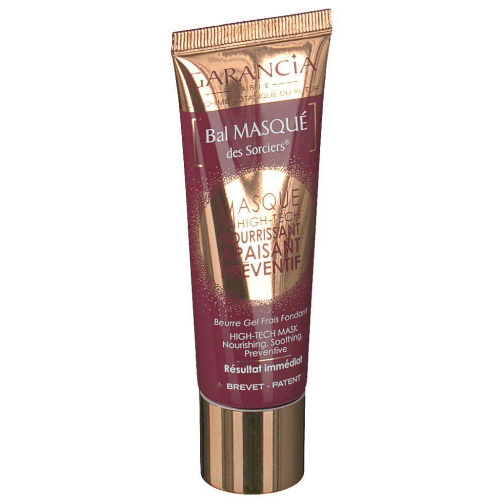 Tube mit Produktnamen und -beschreibung. Marke Garancia. Text: Bal Masqué des Sorciers, Masque High-Tech Nourrissant Apaisant Préventif.